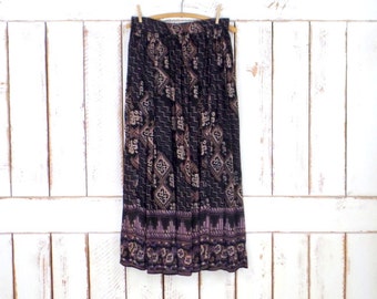 Black/tan tribal/Aztec print boho vintage maxi skirt/long sheer gauzy Indian gypsy festival skirt