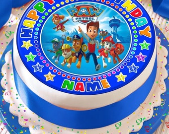 paw patrol blue personalised with your age and name precut edible cake topper icing sheet decoration 7.5 inch round