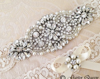 Wedding Garter set, Bridal Garter set, Ivory Lace Garter set, Rhinestone Garter, Ivory Garter, Lace garter, Crystal Garter set