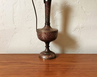 Vintage Brass Pitcher, Etched Brass Enamel Vase Pitcher Mid Century, Ewer, India Wine Server, Flowers Red Turquoise Enamel Floral Pattern