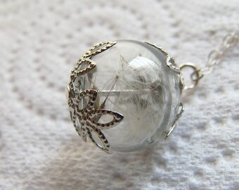 Dandelion Necklace, Dandelion Seeds, Make a Wish, Silver Necklace, Glass Necklace, Boho Wedding, Inspirational, Mothers Day Gift for Her