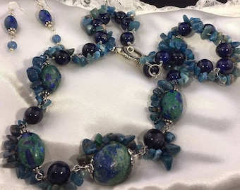 HandCrafted Blue Green Azurite Malachite Necklace & Earring Set