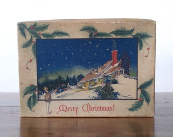 Vintage Christmas chocolate box, 1920s 1930s Veri-Delicious Brand, Voneiff Drayer Co, Baltimore Maryland candy, Merry Christmas decoration