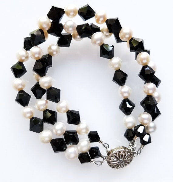 Triple-Strand Black and White Bracelet, Black Crystal Bracelet, White Pearl Bracelet, Pearl Bracelet, Crystal Bracelet, Pearl Bracelet