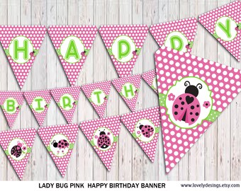 Ladybug Banner, PINK Ladybug Birthday banner, party banner, Banner printable, Instant Download PDF