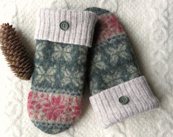 Green and Tan Mittens, Sweater Wool Mittens, Eco-Friendly Lined Felted Wool Mittens