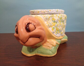 Never Been Used Ceramic Planter Turtle with Liner Pot, NOS, Handmade, Handpainted, Tortoise wearing Tennis Shoes, Splatter Glaze,