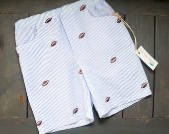 Embroidered Football Seersucker Shorts, Boys Summer Shorts, Boys Boutique Clothing, Football