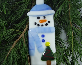 Fused Glass Christmas Ornament - Snowman - Blue and White