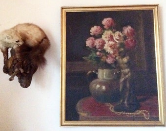 Vintage French Still Life Peony Flowers Statue Pearls Gilh Original Oil Painting Art dated 1943 / English Shop