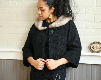 1950s Black Persian Lamb, Cropped Jack with Fur Collar