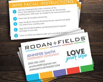 Rodan and Fields Mini Facial Instructions Business Cards (PRINTED), R+F Consultant - 2" x 3.5", Custom Info, FREE SHIP
