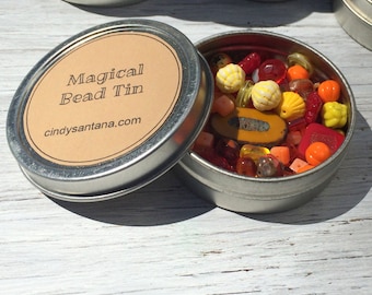 Orange and Yellow Glass Bead Mix, 2.5 inch aluminum tin 2 ounces