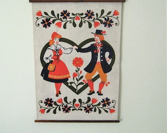 Vintage Froso Handtryck AB Wall Hanging*Swedish 1970's Wall Hanging with Flower Garlands*Dancers in Original Costume*13x16*Scandinavian