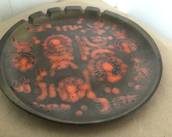 Massive Mid Century Sascha Brastoff Ashtray Abstract Orange & Black