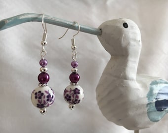Purple and white earrings