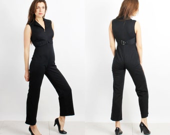 90s Jumpsuit / Black Jumpsuit / Woman Jumpsuit / Sleeveless Jumpsuit / Small Jumpsuit / Striped Jumpsuit