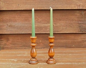 Wooden Candlesticks, Pair of Turned Wood Candlesticks, Vintage Wooden Candle Holders