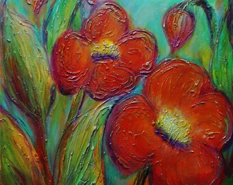 Red Flowers Original Painting on Canvas BEST FRIENDS Textured Oil Art by Luiza Vizoli