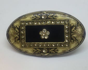 Vintage Catherine Popesco La Vie Parisienne Brooch Art Nouveau Oval Enamel Rectangle with Flower