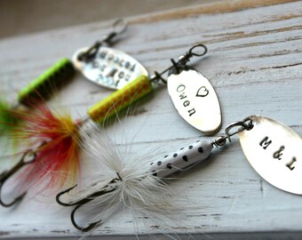 Personalized Handstamped Fishing Lure hook. Customized for you! Perfect Stocking Stuffer for Dad or Grandfather!
