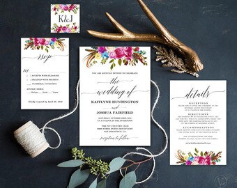 Wildflowers Boho Wedding Invitation, Printable Wildflowers Floral Boho Wedding Invitation Template, Editable Text, Wildflowers