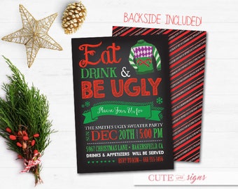 Ugly Sweater Party Chalk Christmas Invitation, Christmas Party Invite Digital Download