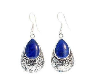 Lapis Sterling Earrings Etched Teardrops