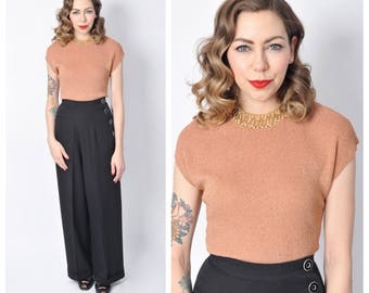 Vintage 1940's Dark Tan Beaded Sweater Blouse/ 40's 50's Cap Sleeve Shirt Size Medium/ Large
