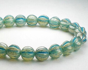 Mercury Fluted Melon Bead Aqua Picasso Czech Glass 6mm Melon Round Beads 25 pcs. M-1181