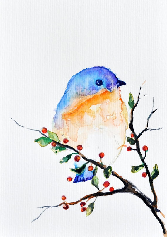 ORIGINAL Watercolor Painting Bird in a Spring tree Bird Art