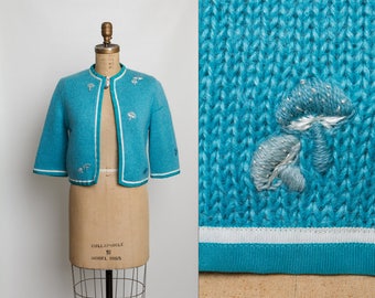 vintage 60s cardigan sweater with embroidered mushrooms | truquoise blue