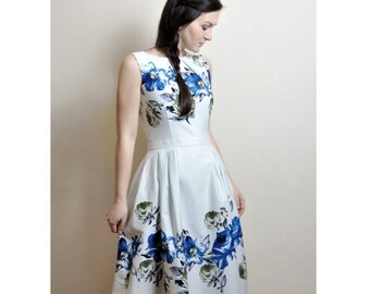 Blue Floral dress, Cotton-sateen dress, Midi dress with pockets, 50s dress