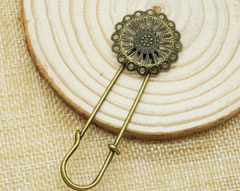 4pcs 20mm x 71 mm Antiqued Bronze Brooch Pins/Brooch Clips/Safe pins Metal Findings, Cabochon round Trays (500-426-C)