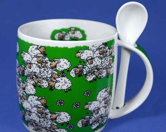 Porcelain cup, coffee pot, cup with spoon-Lüneburg sheep *