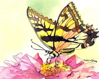 ACEO art print, Limited Edition 2/25, Butterfly on zinnia, Gift idea for nature lovers, Art print of an original ACEO watercolor
