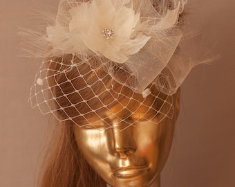 Ivory Birdcage Veil with Feather Flower Bridal Fascinator.