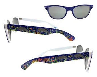 Women's Blue Under the Sea Sunglasses with Hand Painted Dolphins, Jellyfish, Octopus, Sea Turtle, Fish, Coral, Seaweed, Bubbles UV 400