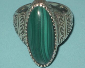 Vintage signed POLLACK RELIOS 925 Sterling Silver Malachite Tribal Ring size 8.5