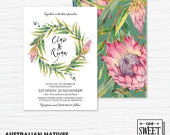 Protea Wedding Invitation Printable, Australian, Eucalyptus Leaves, Gum Leaves, Native Flowers, Nature, Spring Wedding, prink and green