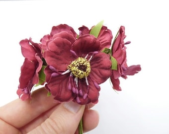 6 Dark Red Flowers Silk Flowers Artificial Flowers Fake Flowers Silk Flowers Green Decorative Flowers Craft Flowers