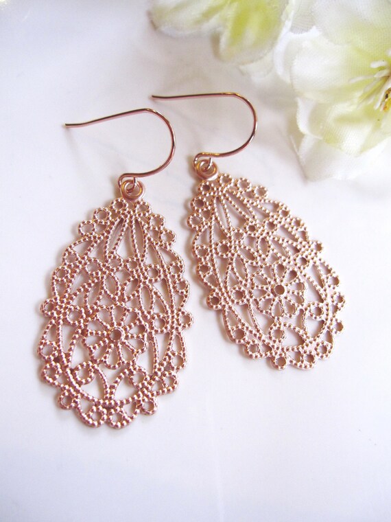 Rose Gold Chandelier Earrings Small Oval Filigree Teardrop