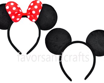 Set of 2-Minnie Mouse Ears, Mickey Mouse Ears, Minnie Ears, Mickey Ears, Minnie Headbands, Mickey Headbands, Red Bows, Birthday Favors