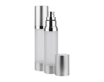 Frosted Bottle with Brushed Aluminum Treatment Pump | Silver Upscale Airless Pump | 1.7oz/50ml Skincare Containers