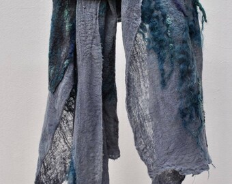 SALE. Extrafine merino woolen shawl - Italian merino wool, wensleydale. colour blue/grey/turquoise/black. OOAK