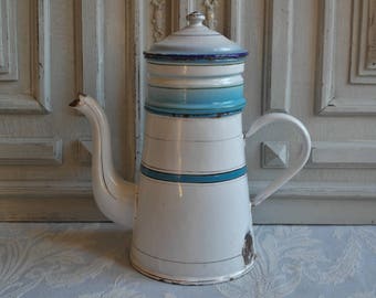 Striped Vintage enamel coffee pot blue and white stripes, rustic enamel jug, 1930's cafétiere, enamelware, antique country chic kitchen