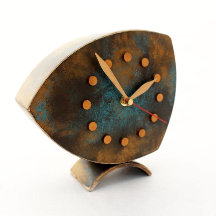 Desk Clock, Gold Turquoise Brown Table clock, Wood Unique ...