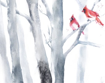 Birch Tree Painting, Birch Art Watercolor Painting Print, Tree Artwork, Gray Art, Gray Painting, Bird on the tree, Cardinal, Forest Painting
