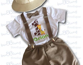 Safari Jungle Explorer Theme Cake Smash Outfit Boy, Personalised Safari Theme with Felt Hat, Baby Boy 1st Birthday Outfit, Baby Photoshoot