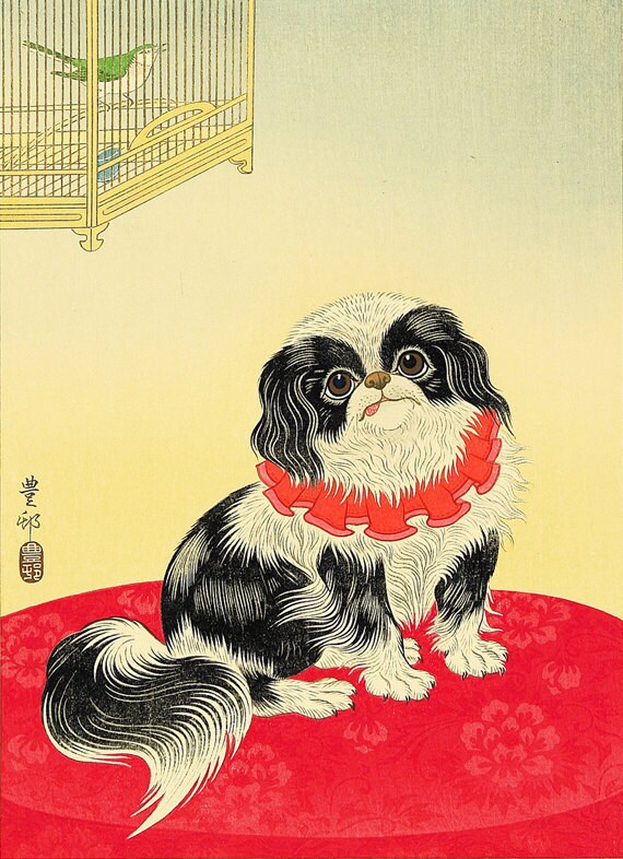 Japanese vintage animal art Pekingese Dog FINE ART PRINT